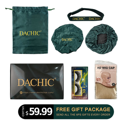 Dachic Free Gifts Package, Including 6 Gifts : Double Bonnts,Elastic Headband, HD Wig Cap, 3D Mink Eyelashes, Silky Bag,Dachic Box