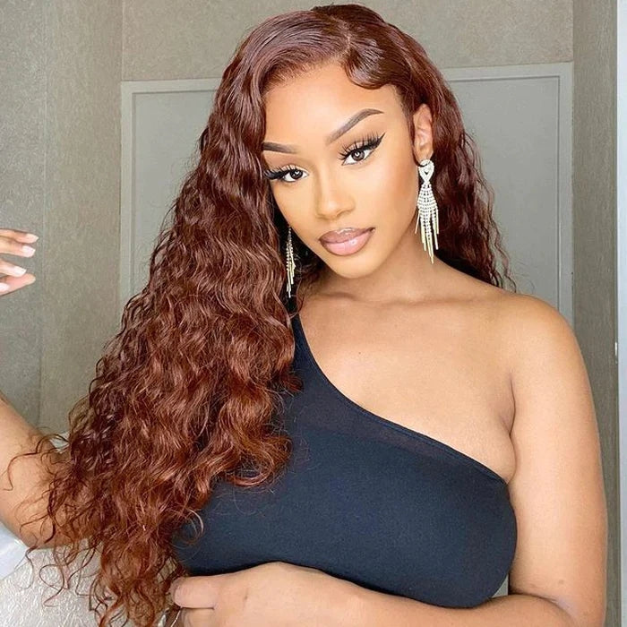 Dachic #33 Auburn Reddish Brown Color Glueless 13x4 Lace Front Closure Human Hair Wigs Deep Wave Frontal Wigs 180% Density