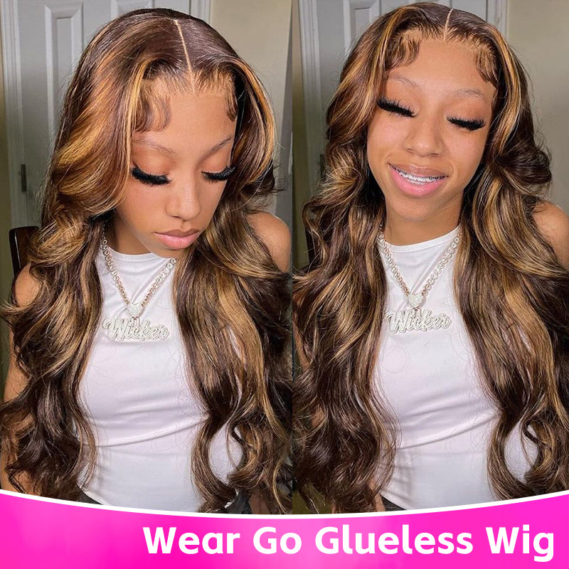 Highlight Brown Body Wave Glueless Wigs Human Hair Ready To Wear 5x5 HD Transparent Lace Closure Wigs Human Hair Wigs Wear And Go