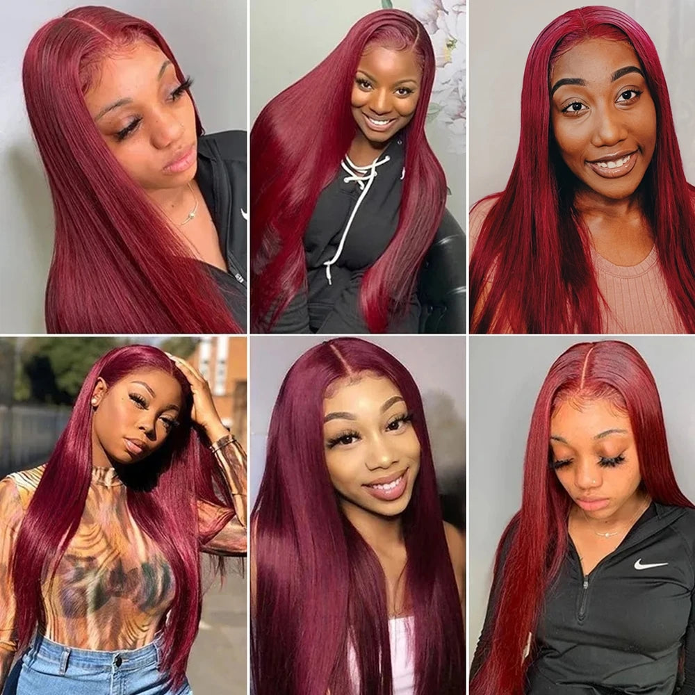 99j Burgundy Colored HD Lace Frontal Human Hair Wigs 13x4 Lace Front Human Hair Wigs Pre Pucked Lace Frontal Human Hair Wigs