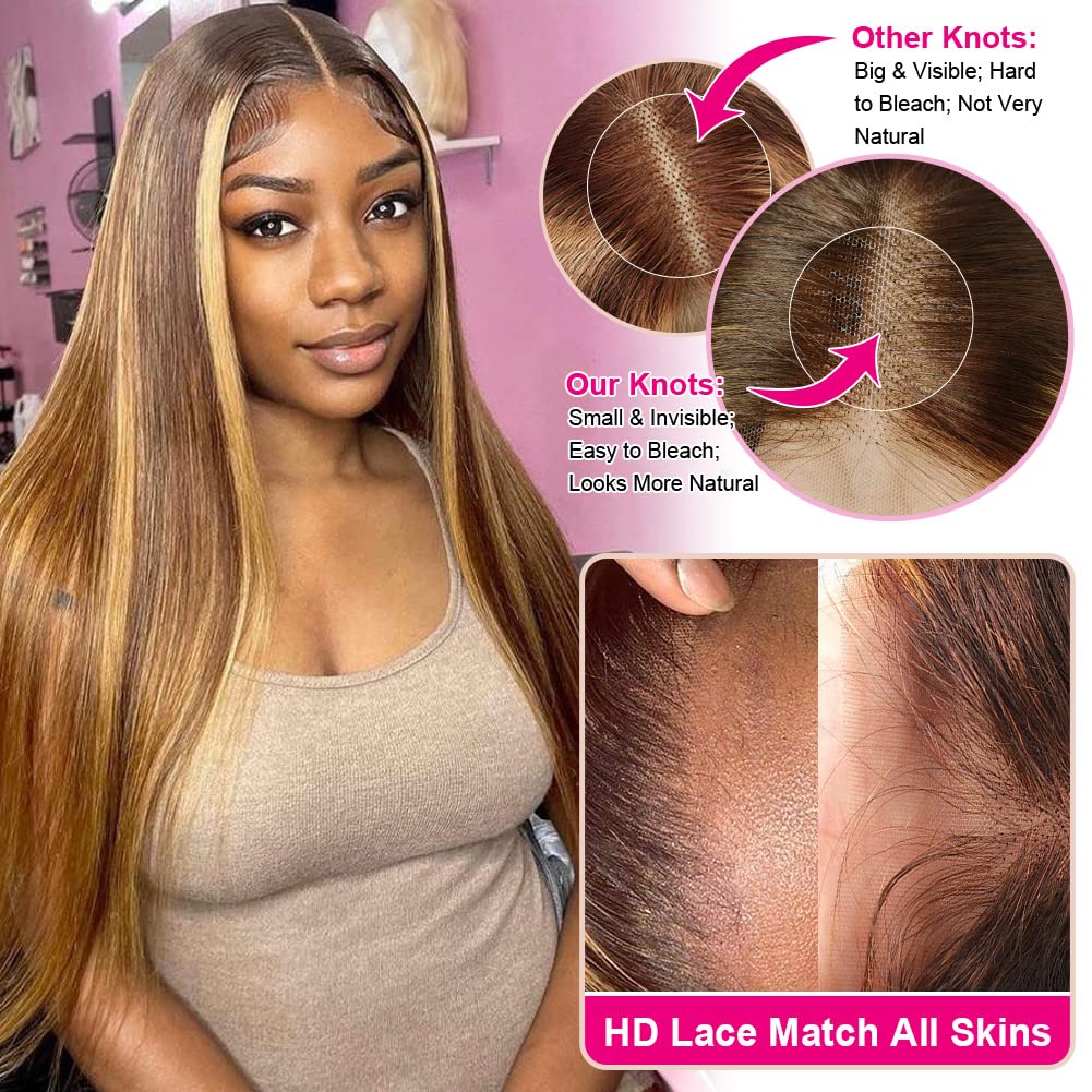 Highlight Brown Straight Glueless Wigs Human Hair Ready To Wear 5x5 HD Transparent Lace Closure Wigs Straight Human Hair Wigs Wear And Go