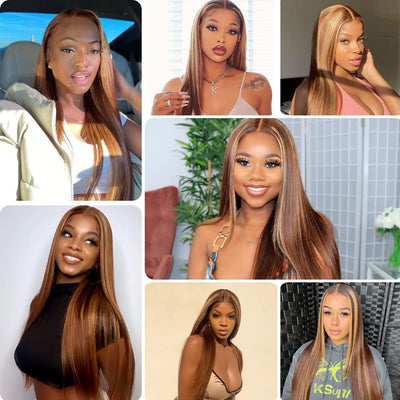 Highlight Brown Straight Glueless Wigs Human Hair Ready To Wear 5x5 HD Transparent Lace Closure Wigs Straight Human Hair Wigs Wear And Go