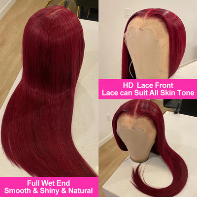 99j Burgundy Colored HD Lace Frontal Human Hair Wigs 13x4 Lace Front Human Hair Wigs Pre Pucked Lace Frontal Human Hair Wigs