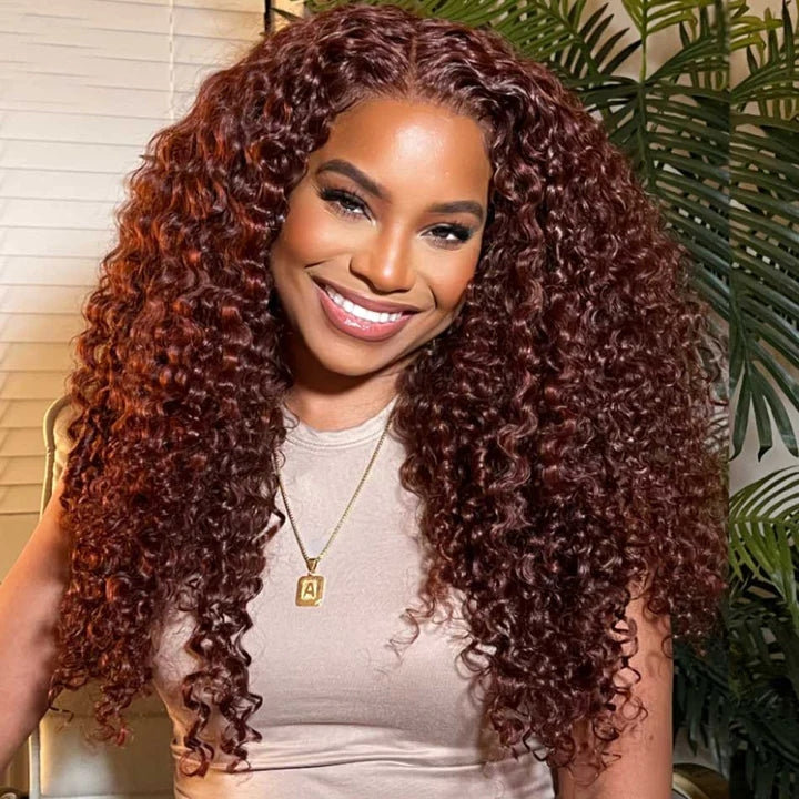 Dachic #33 Auburn Colored Glueless 13x4  HD Lace Front Closure Human Hair Wigs Jerry Curly Frontal Wigs 180% Density