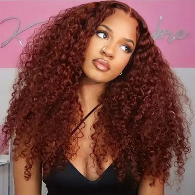 Dachic #33 Auburn Colored Glueless 13x4  HD Lace Front Closure Human Hair Wigs Jerry Curly Frontal Wigs 180% Density