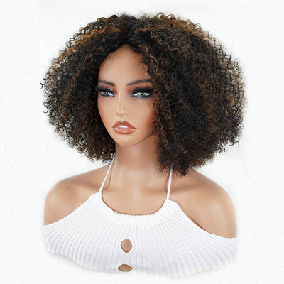 Natural Curly Highlight Brown Colored Seamless V-Part Wig-051