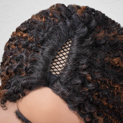 Natural Curly Highlight Brown Colored Seamless V-Part Wig-051