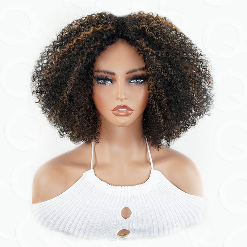 Natural Curly Highlight Brown Colored Seamless V-Part Wig-051