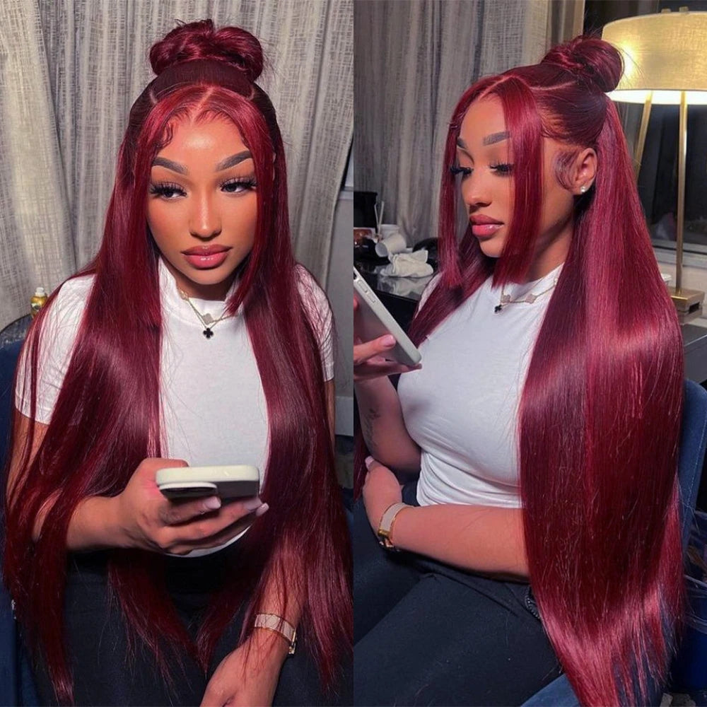 99j Burgundy Colored HD Lace Frontal Human Hair Wigs 13x4 Lace Front Human Hair Wigs Pre Pucked Lace Frontal Human Hair Wigs