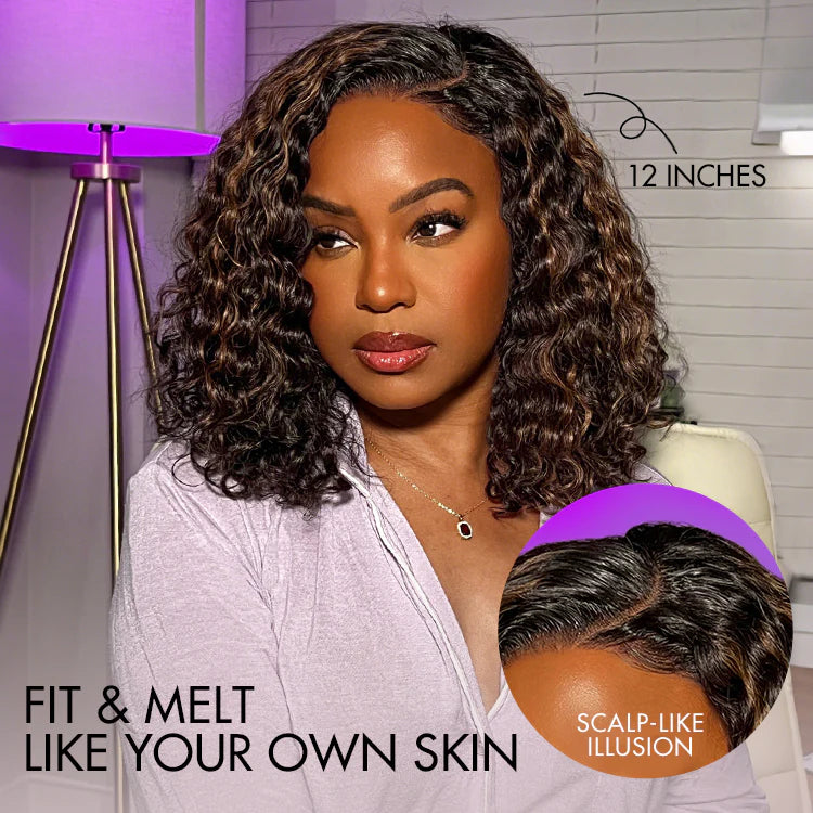 Brown Highlights Colored Short Deep Wave Glueless Human Hair Bob Wigs