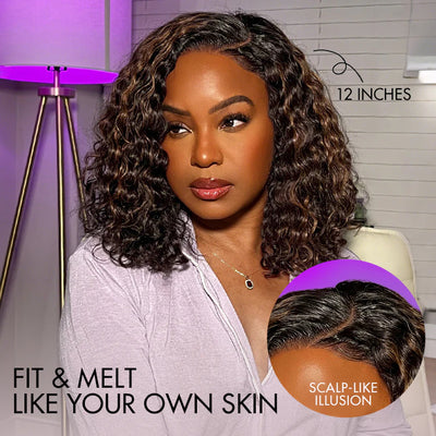 Brown Highlights Colored Short Deep Wave Glueless Human Hair Bob Wigs