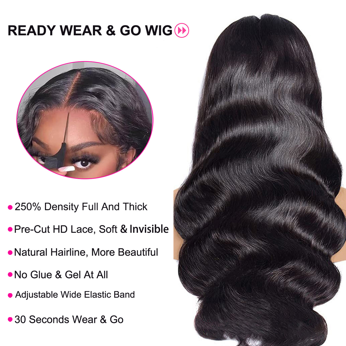 Wear and Go Glueless Wigs Human Hair Pre Plucked Pre Cut  6x4 HD Lace Front Body Wave Wigs Human Hair for Women 250% Density Human Hair Lace Closure Ready to Wear Wigs Natural Black