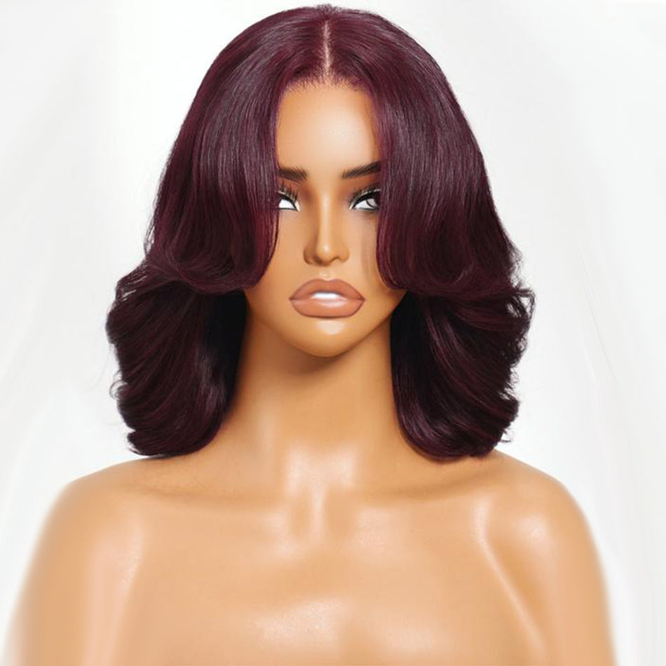 Black Cherry Wine Burgundy Colored Short Wavy Glueless Human Hair Bob Wigs