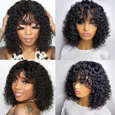 Dachic Hair Natual Color Water Wave Human Hair Wigs With Bangs Machine Wigs 200% Density