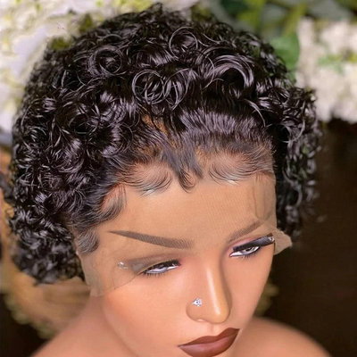 No.34 Dachic Hair Natural Color Pixie Curly 13*4 Full Lace Frontal Wig Human Hair Wigs