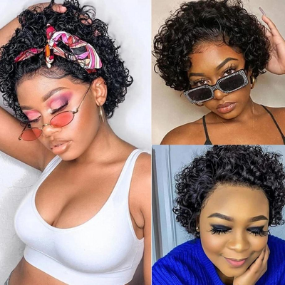 No.34 Dachic Hair Natural Color Pixie Curly 13*4 Full Lace Frontal Wig Human Hair Wigs