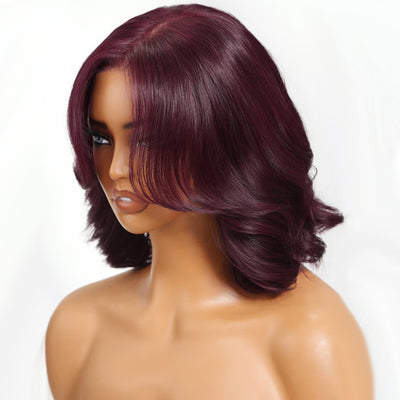 Black Cherry Wine Burgundy Colored Short Wavy Glueless Human Hair Bob Wigs