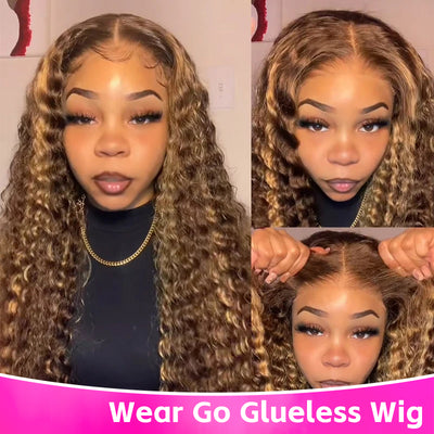 Highlight Brown Deep Wave Glueless Wigs Human Hair Ready To Wear 5x5 HD Transparent Lace Closure Wigs Human Hair Wigs Wear And Go