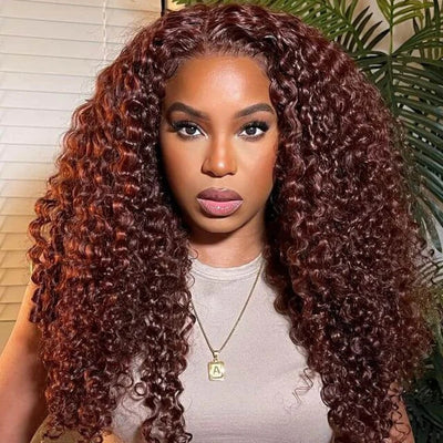 Dachic #33 Auburn Colored Glueless 13x4  HD Lace Front Closure Human Hair Wigs Jerry Curly Frontal Wigs 180% Density