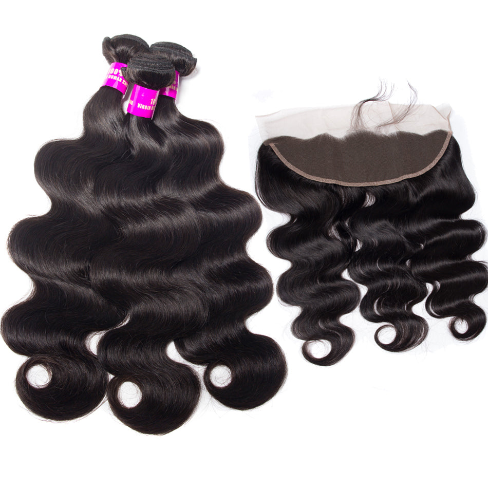 10A Body Wave Human Hair 3 Bundles With 13x4 Full Frontal Lace 100% Remy Human Hair
