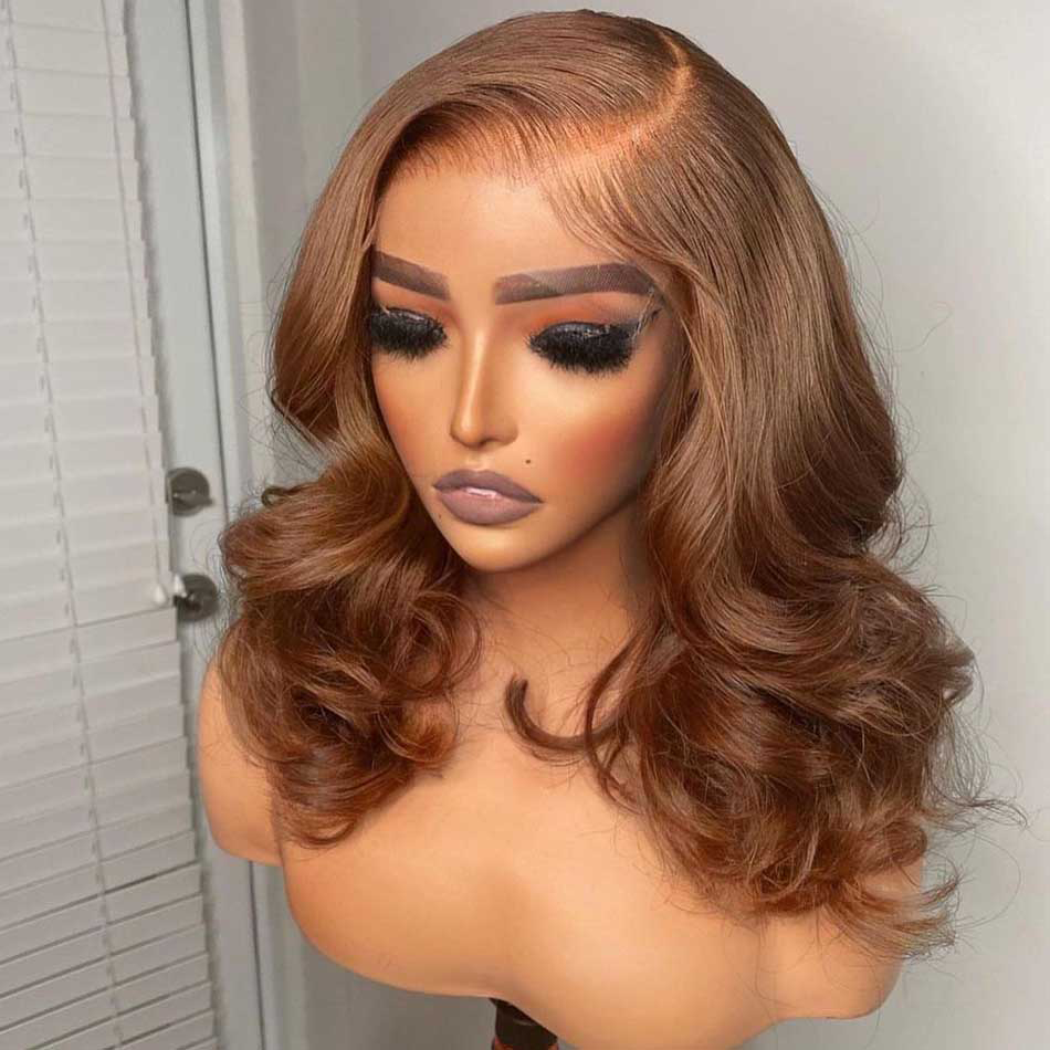 Elegant Short 210% Density Light Honey Brown Colored 13x6 Lace Front Human Hair Wigs Glueless Wigs