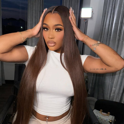 210% Density Undetectable HD Lace Chocolate Brown Colored Human Hair Wigs Straight