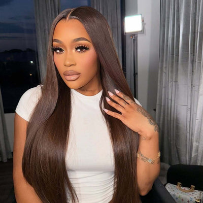 210% Density Undetectable HD Lace Chocolate Brown Colored Human Hair Wigs Straight