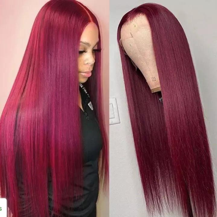 99j Burgundy Colored HD Lace Frontal Human Hair Wigs 13x4 Lace Front Human Hair Wigs Pre Pucked Lace Frontal Human Hair Wigs