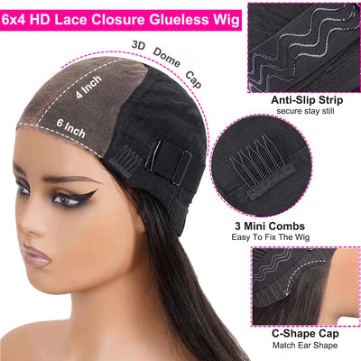 Wear and Go Glueless Wigs Human Hair Pre Plucked Pre Cut  6x4 HD Lace Front Body Wave Wigs Human Hair for Women 250% Density Human Hair Lace Closure Ready to Wear Wigs Natural Black