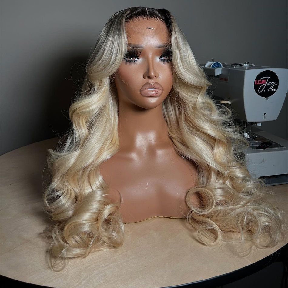 Top 10A 250% Density Customized Ombre Platinum Blonde Colored 13x6 Lace Front Human Hair Wigs Brazilian Body Wave-061