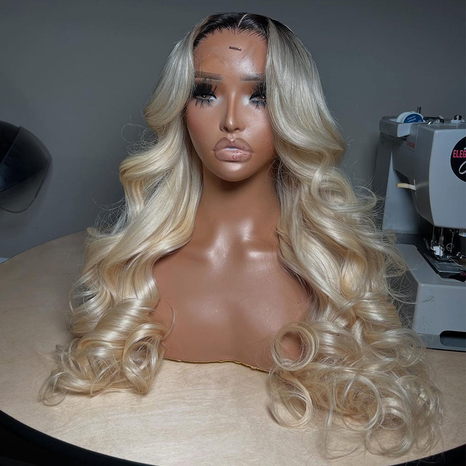 Top 10A 250% Density Customized Ombre Platinum Blonde Colored 13x6 Lace Front Human Hair Wigs Brazilian Body Wave-061