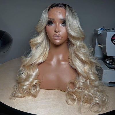 Top 10A 250% Density Customized Ombre Platinum Blonde Colored 13x6 Lace Front Human Hair Wigs Brazilian Body Wave-061