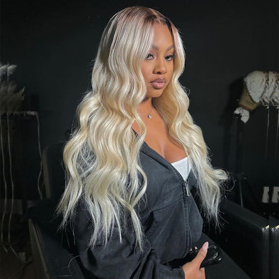 Top 10A 250% Density Customized Ombre Platinum Blonde Colored 13x6 Lace Front Human Hair Wigs Brazilian Body Wave-061