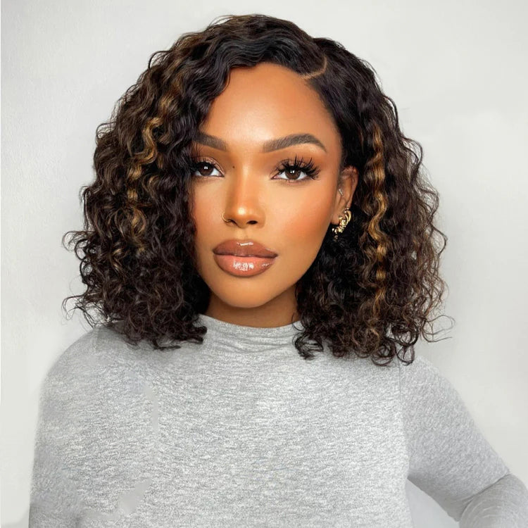 Brown Highlights Colored Short Deep Wave Glueless Human Hair Bob Wigs
