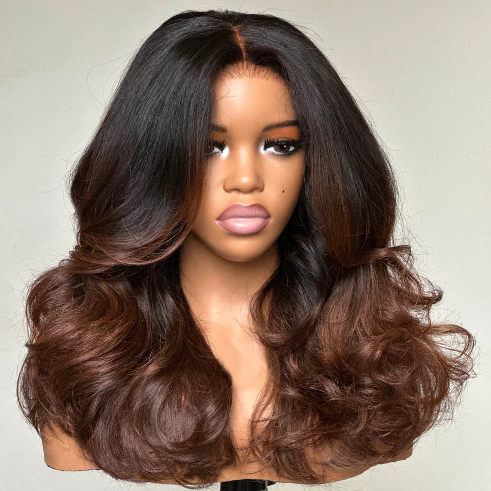 250% Density Heavy Layered Cut Ombre Brown Colored Glueless Lace Wig
