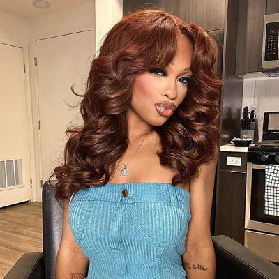 250% Density Curtain Bangs Layered Cut  Brown Colored Glueless Lace Wig