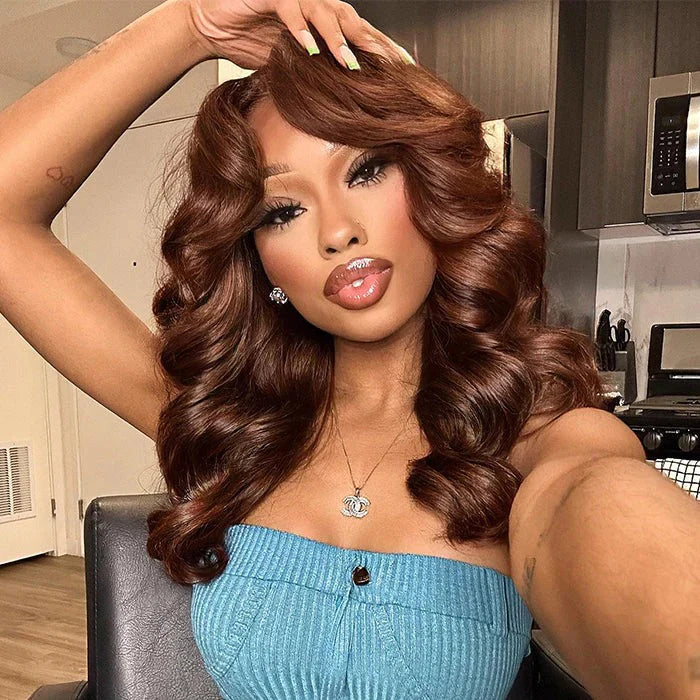 250% Density Curtain Bangs Layered Cut  Brown Colored Glueless Lace Wig