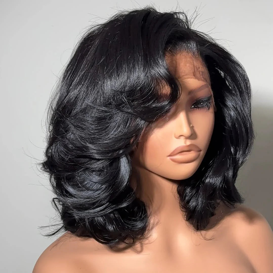 Chic Side Part Layered Cut Glueless Lace Human Hair Wigs-013