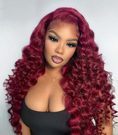10A 250% Density 99J Burgundy Retro Curls Human Hair Wigs