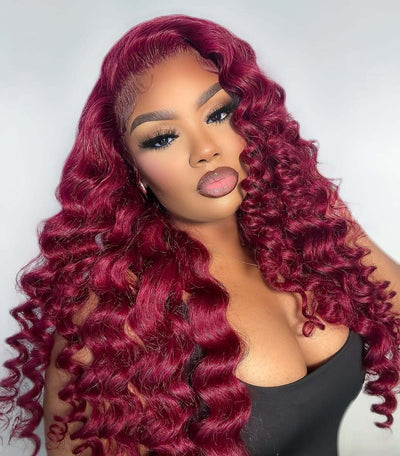 10A 250% Density 99J Burgundy Retro Curls Human Hair Wigs