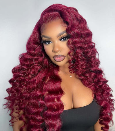 10A 250% Density 99J Burgundy Retro Curls Human Hair Wigs