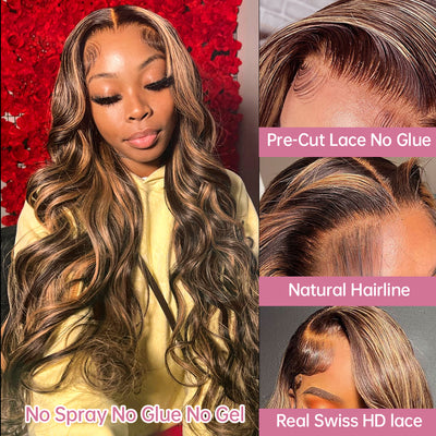 Highlight Brown Body Wave Glueless Wigs Human Hair Ready To Wear 5x5 HD Transparent Lace Closure Wigs Human Hair Wigs Wear And Go