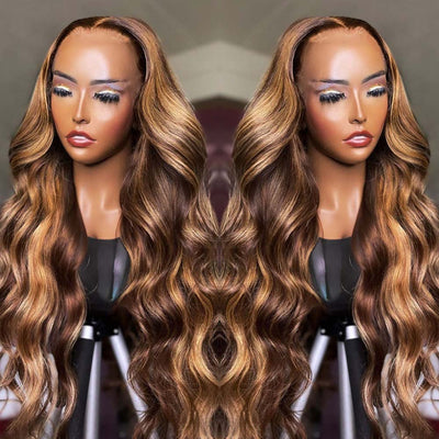 Highlight Brown Body Wave Glueless Wigs Human Hair Ready To Wear 5x5 HD Transparent Lace Closure Wigs Human Hair Wigs Wear And Go