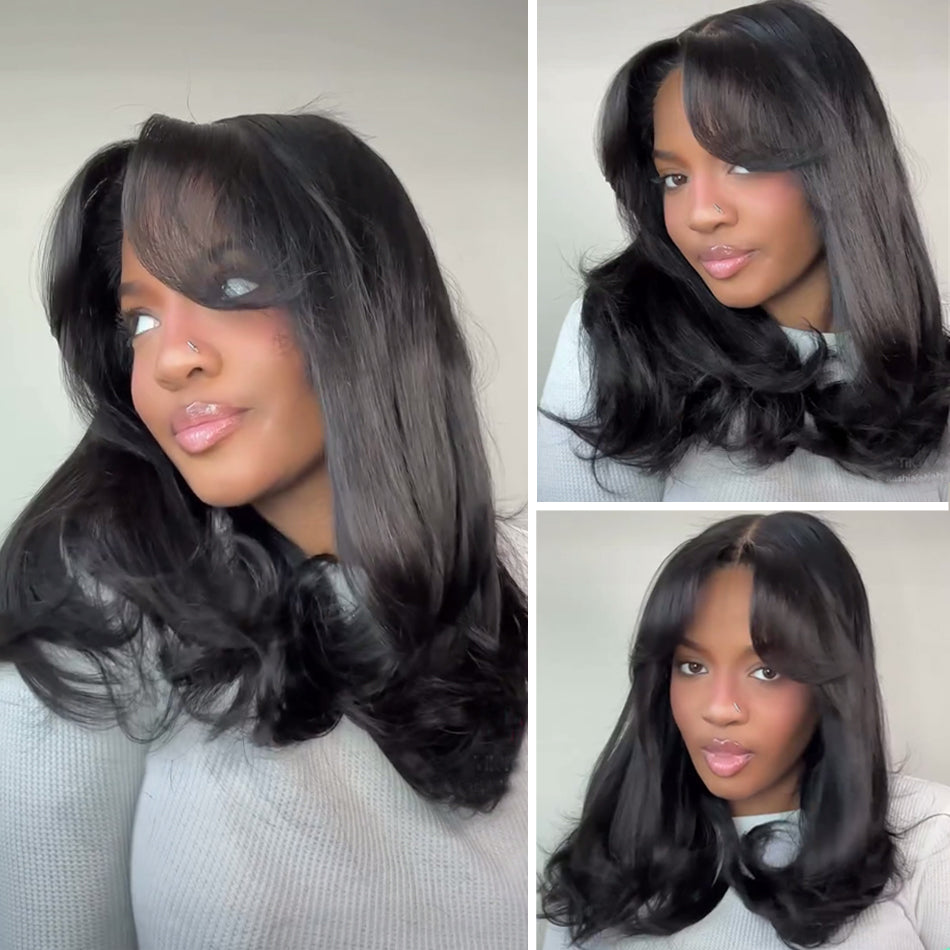 250% Density Curtain Bangs And Layered Cut Design Glueless Lace Wig-011
