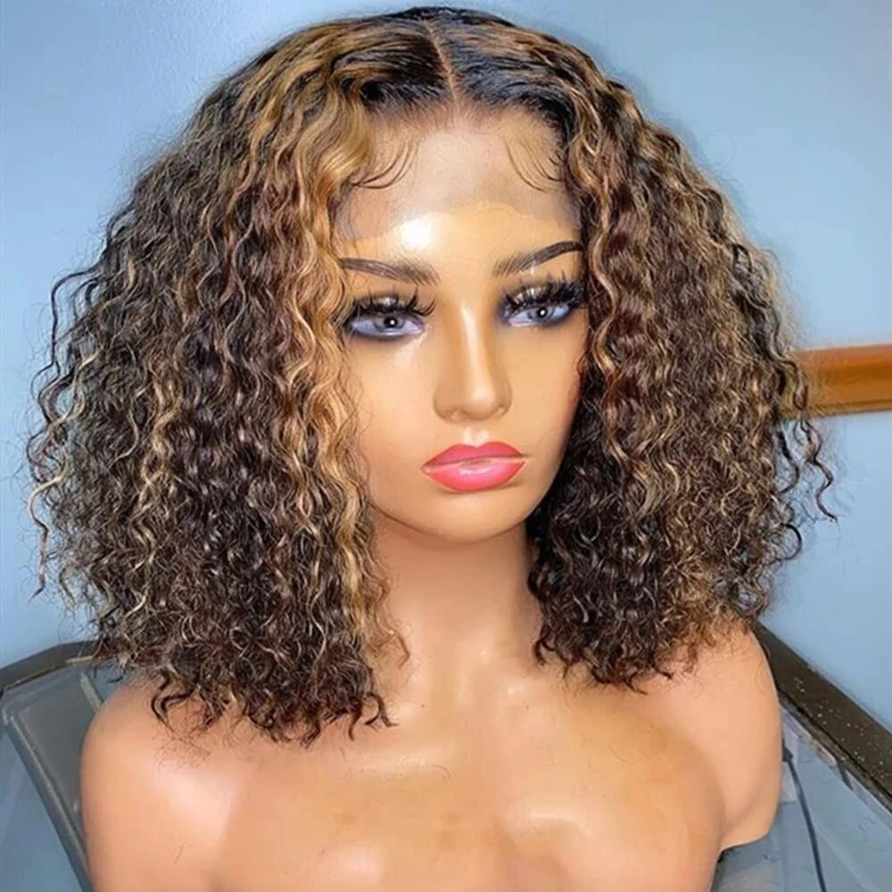 Dachic Hair P4/27 Highlight Curly Bob Wigs 4x4 Lace Closure Wig Brazilian Human Hair