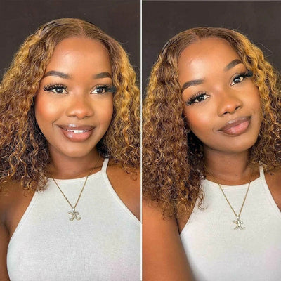 Dachic Hair P4/27 Highlight Curly Bob Wigs 4x4 Lace Closure Wig Brazilian Human Hair