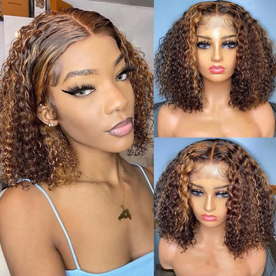 Dachic Hair P4/27 Highlight Curly Bob Wigs 4x4 Lace Closure Wig Brazilian Human Hair