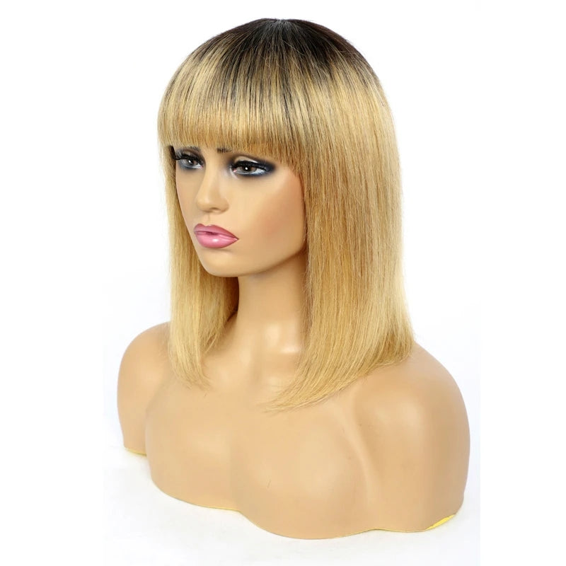 Dachic Hair 1B/27 Short Bob Wig With Bangs Human Hair Brazilian Remy Hair