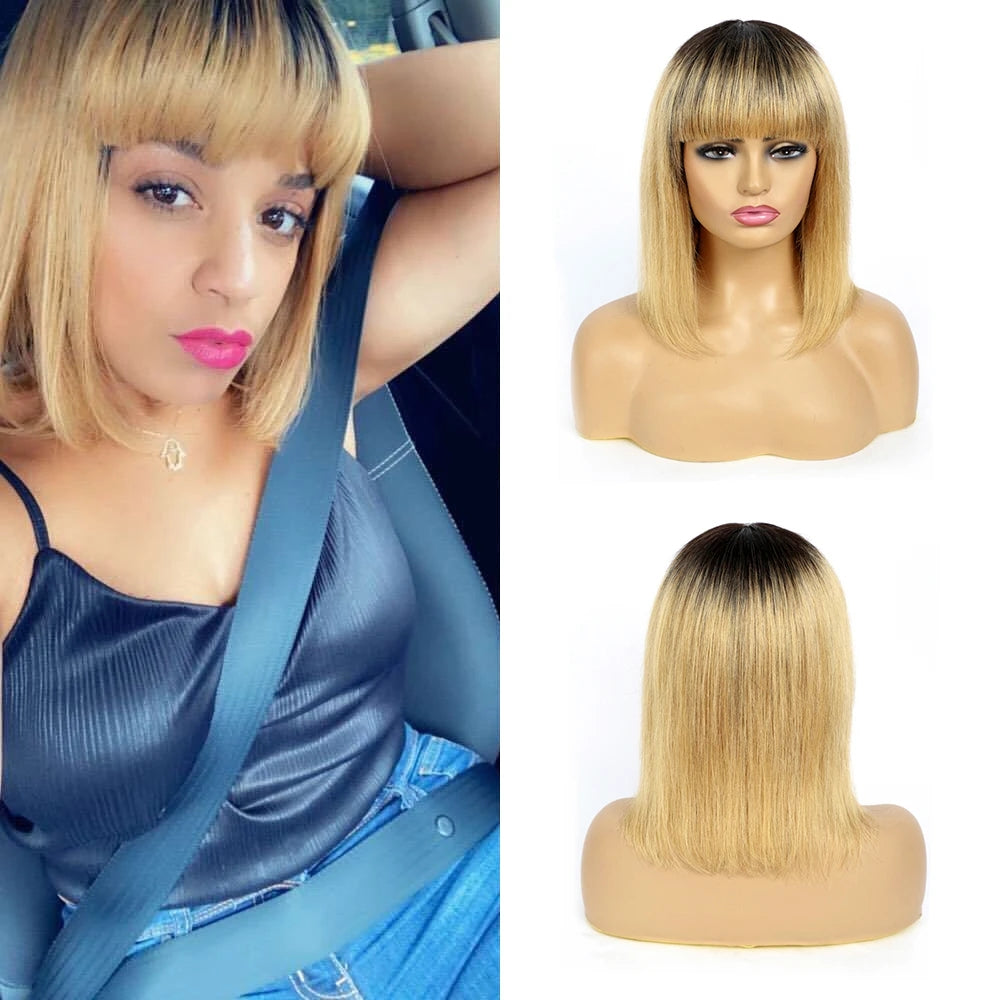 Dachic Hair 1B/27 Short Bob Wig With Bangs Human Hair Brazilian Remy Hair