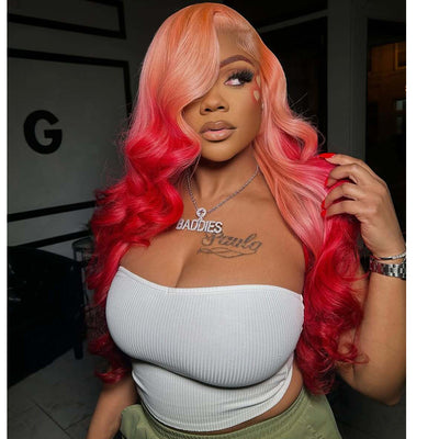 Ombre Pink Red Colored 13x6 Lace Front Human Hair Wigs